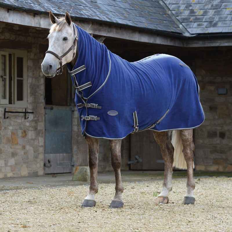 Horse Wearing Dark Blue/Grey/White Weatherbeeta Fleece Cooler Combo Neck Sheet Turnout Blankets