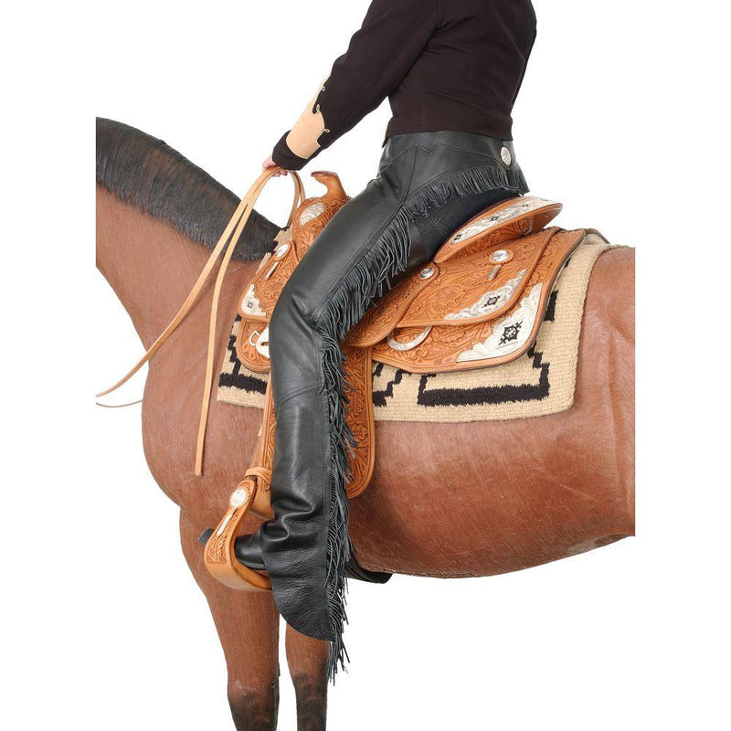 Man on horse wearing Black Tough 1 Smooth Leather Chap with Fringe Medium Western Chaps JT International