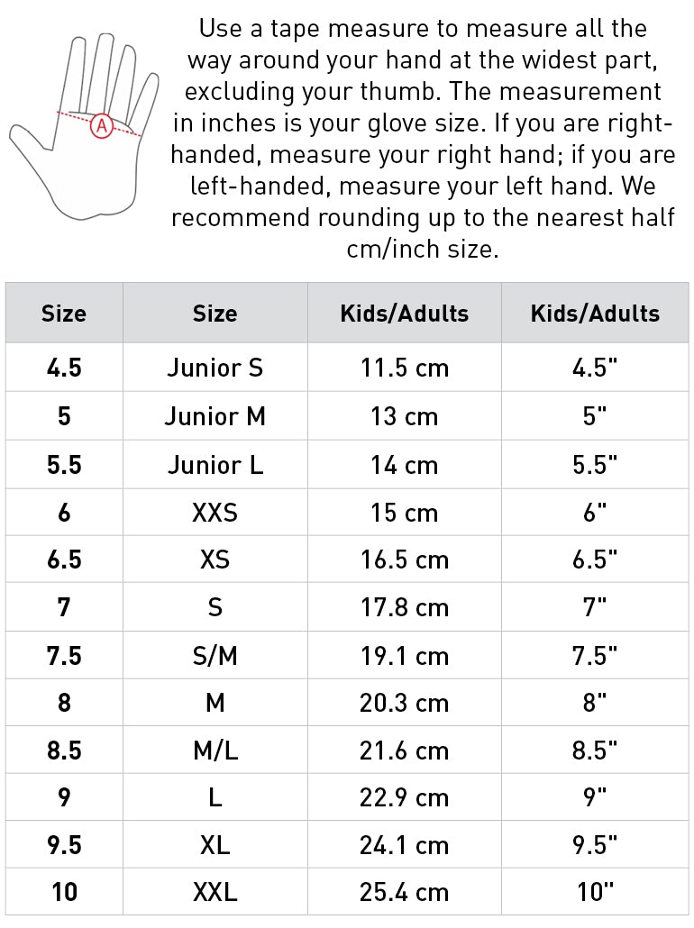 Size chart for Finntack Norte Gloves - Synthetic Leather Gloves