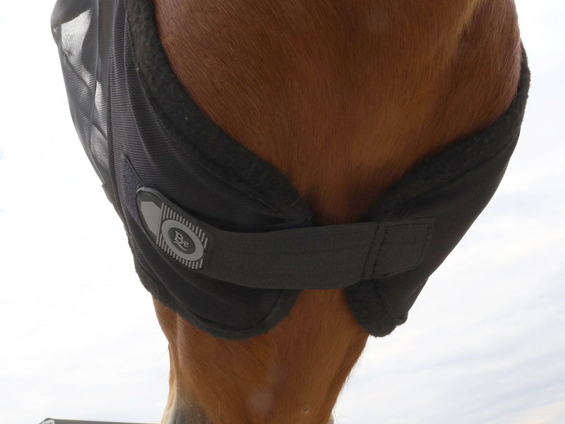 Bottom view of Black BasEQ Fly Mask with Ears One Stop Equine Shop Pony