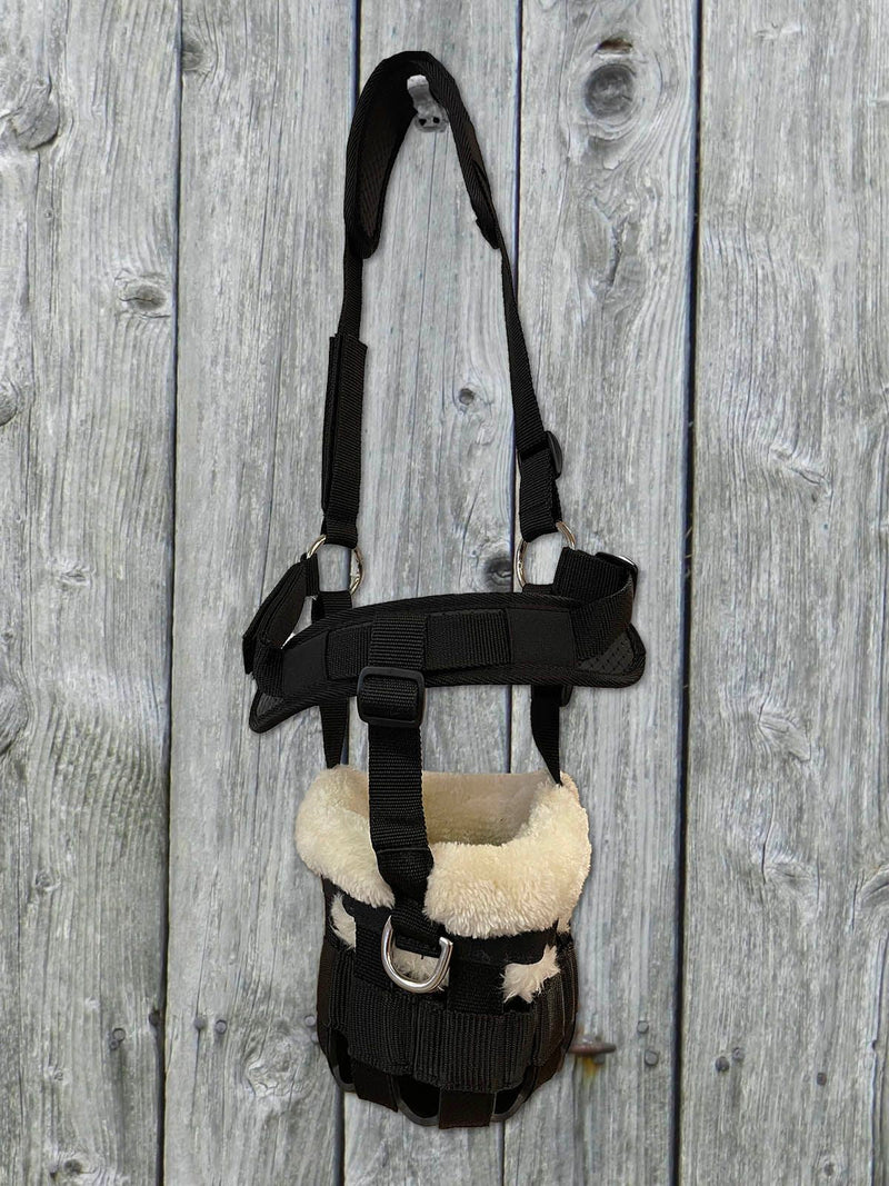 Hanging Black BasEQ Classic Fleece Lined Muzzle Grazing Muzzles One Stop Equine Shop Pony