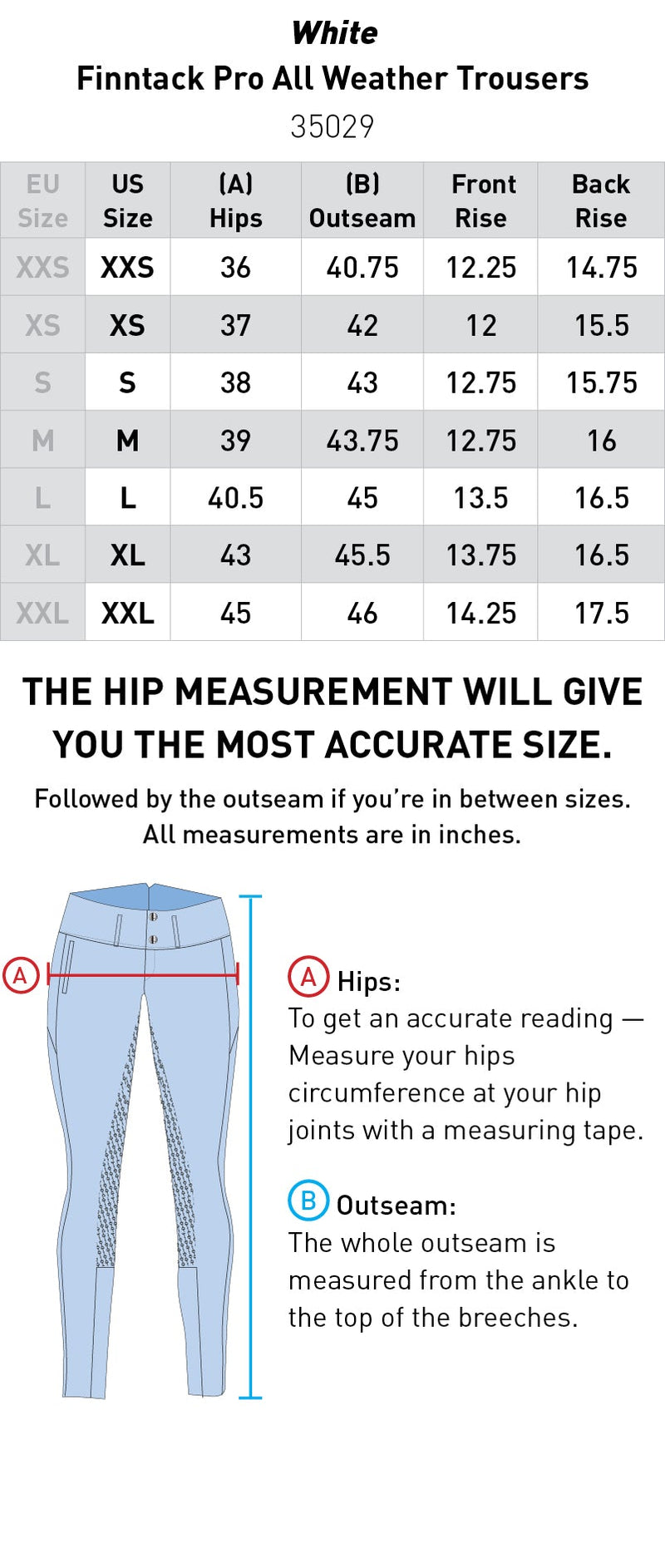 Size Chart Finntack Pro All Weather Trousers