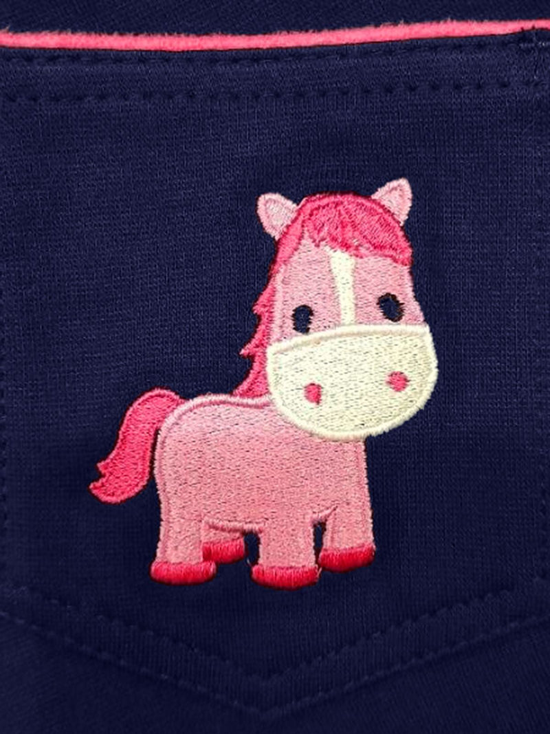 Embroidered Cartoon on Navy/Pink BasEQ Emma Children's Two-Tone Pull Horse Jodhpurs Jodhpurs One Stop Equine Shop