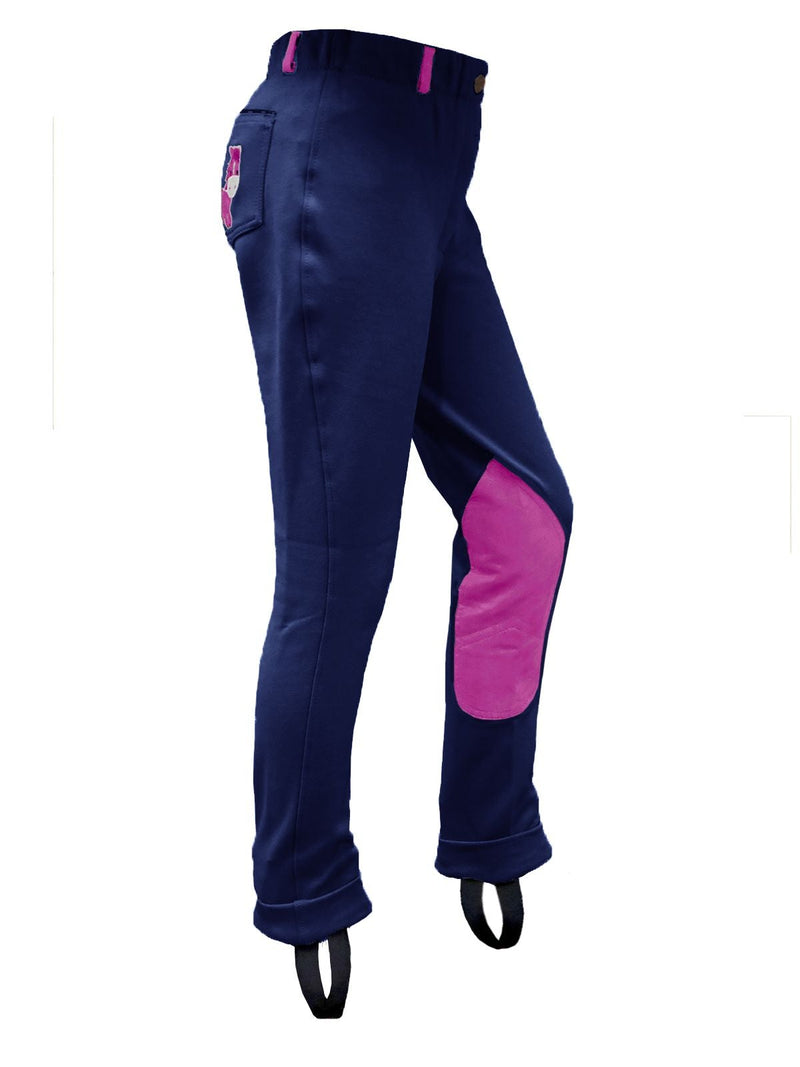 Side View of Navy/Pink BasEQ Emma Children's Two-Tone Pull On Embroidered Cartoon Horse Jodhpurs Jodhpurs One Stop Equine Shop