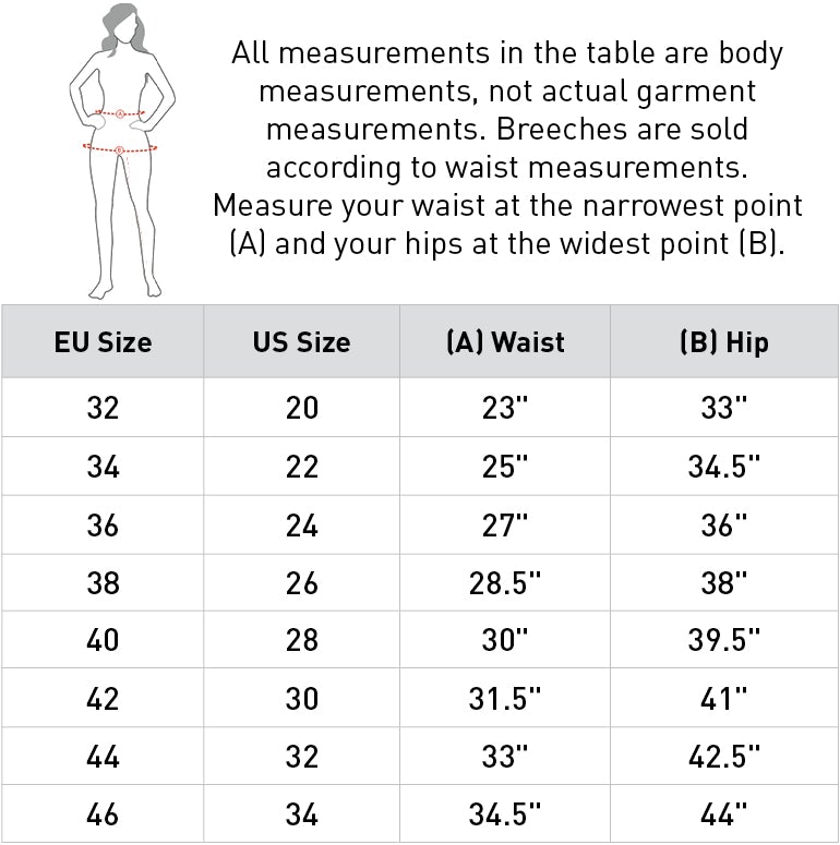 Size Chart Horze Equitation Women's Colored Silicone Full Seat Riding Tights