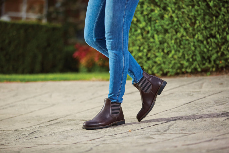 Women on Street wearing Brown Dublin Women's Arles Stripe Pull On Boots English Paddock Boots