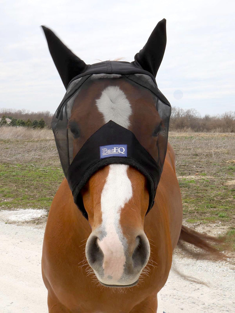 Front view of Black BasEQ Fly Mask with Ears One Stop Equine Shop Pony