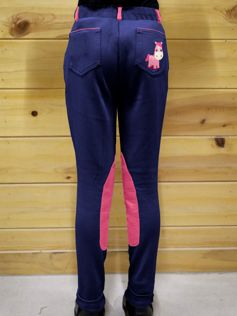 Back View Of Navy/Pink BasEQ Emma Children's Two-Tone Pull On Embroidered Cartoon Horse Jodhpurs Jodhpurs One Stop Equine Shop